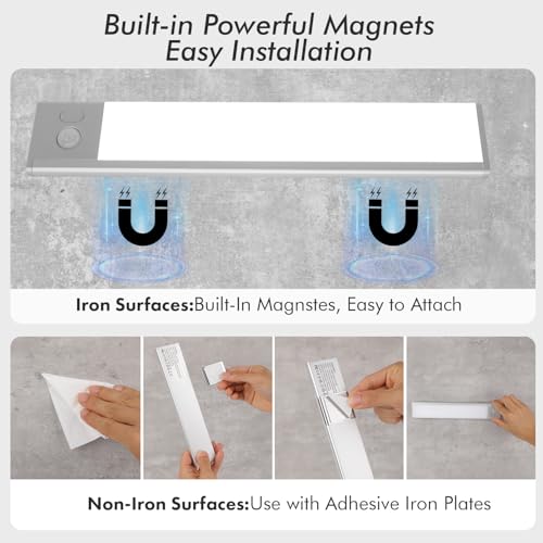 Image of 2 Pack Under Cabinet Lighting, 3 Colors & Dimmable Motion Sensor Light Indoor, 900mAh Rechargeable Under Cabinet Lighting Magnetic for Kitchen, Stairs, Closets, Silver(Aluminum Alloy+ABS +PC)