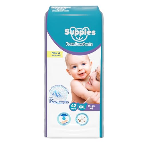 Image of Amazon Brand - Supples Premium Baby Diaper Pants | 42 Baby Diapers | XXL | 15-25 Kg | 12 Hrs Absorption | Cushiony Cotton Soft Fabric | Phthalates-Free | Triple Leak Guard (Pack of 6)