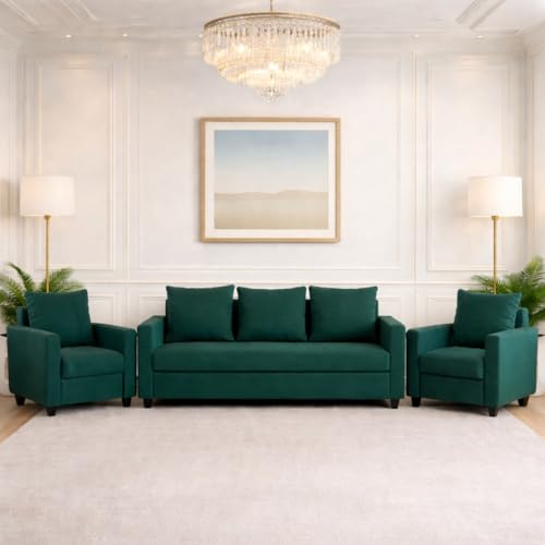 Image of Wood 3+1+1 Sofa Set 5 Seater | Velvet Fabric Upholstery | Wooden Frame Sofa Set with 3 Seater & 2 Single Chairs for Living Room, Home & Office (Green)