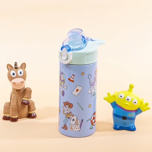 Image of Zak Designs Disney and Pixar Toy Story Sage Kids Water Bottle For School or Travel, 14oz Stainless Steel Water Bottle With Straw, Handle, and Leak-Proof, Pop-Up Spout Cover (Woody, Buzz & Friends)