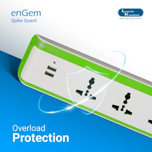 Image of Lauritz Knudsen Electrical & Automation Spike Guard 3 Way with Twin USB Charger & Resettable Fuse | 3 Year Warrenty | for Laptop, Tablet, Smart Watch, Earbud | (Green & White, OA05W06)
