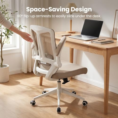 Image of Comfy Office Chair, Adjustable Lumbar Support Desk Chair, Khaki | Ergonomic Office Chair with Flip-up Armrests, 400LBS Capacity Breathable Mesh Computer Chair for Home Offices, Study, Gaming