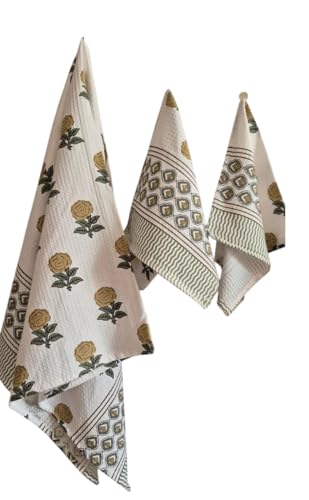 Image of Waffle Cotton Bath & Hand Towel, Hand Block Printed Towel for Bathroom, Quick Drying Towel for Men & Women, Eco Friendly Towel Daily use Towel Pack of 3 Pcs (White9)