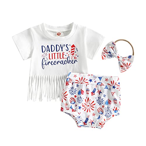 Baby Girl 4Th Of July Outfit Fourth July Fringe Shirt Tassel Top And Bloomer Short Headband Cute Clothes Set (Daddys Little Firecracker, 6-12 Months) #TOP13