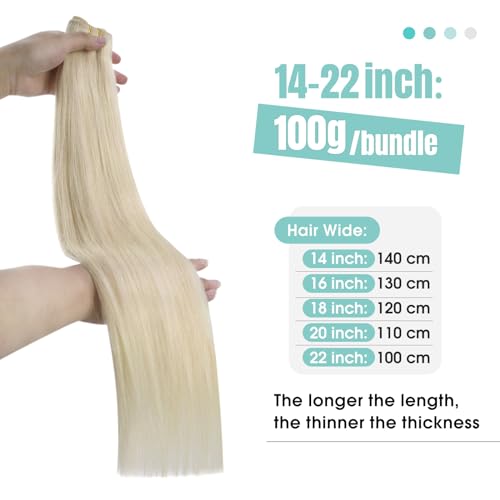 Image of YoungSee 100g Blonde Sew in Hair Extensions Real Human Hair Weft Beige Blonde Weft Hair Extensions Add Hair Volume for Short Hair 16 Inch