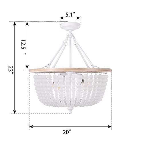 Tochic Coastal Chandelier Semi Flush Mount Ceiling Light Fixture With Crystal Beaded Accents, Modern Ceiling Lighting For Dining Room, Bedroom, Beach Home Decor, White, W-20 Inch #TOP2