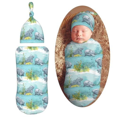 Image of Muishi Ocean Florida Manatee Newborn Swaddle Blankets Hat Sets Soft Baby Receiving Blanket Swaddle Sack for Baby Shower Infant Boy Girl Gift