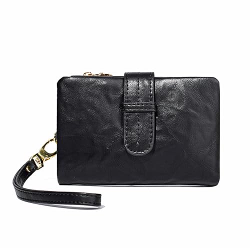 Wallets for Women Small Leather Rfid Ladies Wallets Bifold Medium Billfolds for Women Compact Trifold Wristlet with Wrist Strap Coin purse Card holder (Black)