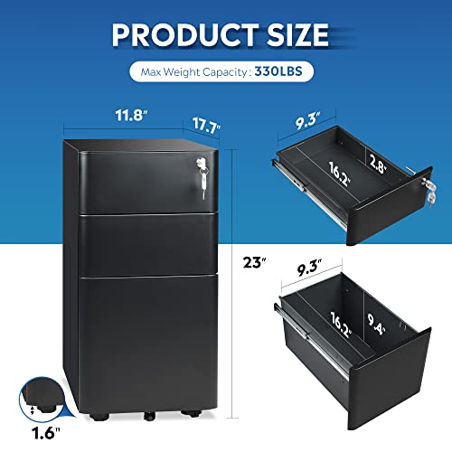 Devaise 3-Drawer Slim File Cabinet, Vertical Filing Cabinet, Fully Assembled Except Casters, Black #TOP5