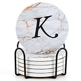 Monogrammed Coasters for Drinks Absorbents with Holder, Set of 6 Ceramic Marble Style Drink Coaster with Cork Base,Personalized Coasters Customizable with Name, Housewarming Gifts