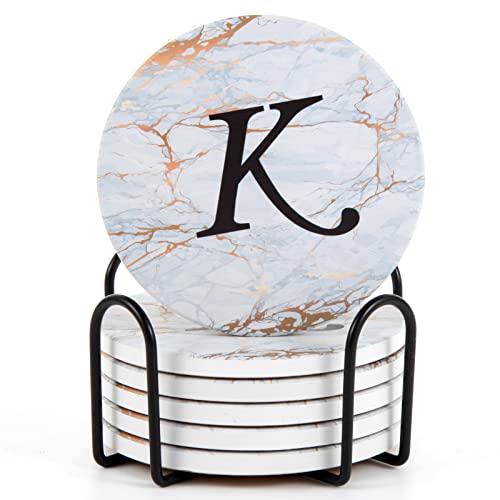 Monogrammed Coasters for Drinks Absorbents with Holder, Set of 6 Ceramic Marble Style Drink Coaster with Cork Base,Personalized Coasters Customizable with Name, Housewarming Gifts