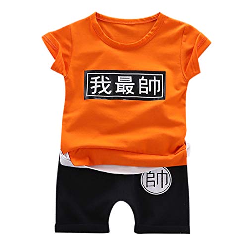 heavKin-Clothes 6 Months-4Years Children's Kids Baby Boy Printed Short Sleeve Shirt T-Shirt Tops + Shorts Fashion Set (Orange, 18-24 Months)