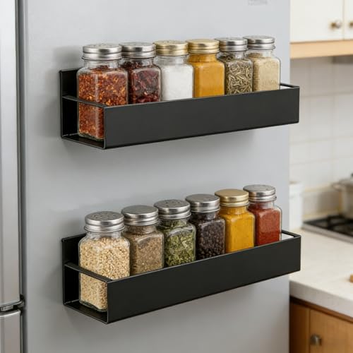 Euablfo 2 Stück Kühlschrank Regal Magnetisch, Magnet Regal Kühlschrank, Metall Magnetisches Gewürzregal Magnetic Spice Rack für Küche Aufbewahrung und Organisation, Schwarz