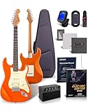 AKLOT Stryde Electric Guitar with Coil-Split: Roasted Maple Neck, Polished Gloss Finish Top, HSS Ceramic Pickups, Beginner Guitar Kit with 10W Amp, Gig Bag, Strap, Picks, Lesson Book, Blaze Orange