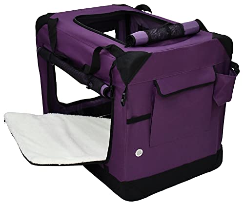 EliteField 3-Door Folding Soft Dog Crate with Carrying Bag and Fleece Bed (2 Year Warranty), Indoor & Outdoor Pet Home (24" L x 18" W x 21" H, Purple+4 Door Curtains) by EliteField - Used condition - Image 3
