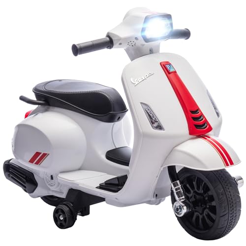 AIYAPLAY Moto Eléctrica para Niños 6V con Licencia Vespa, Moto Eléctrica Infantil con Ruedas Auxiliares de 6,9'', Velocidad de 2,5km/h, Faro y Bocina, para Niños de 2-6 Años, Blanco