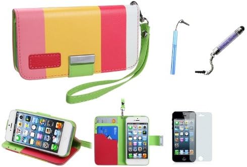Iphone 5/5s Travel Wristlet Wallet Clutch Bag Pouch Case (Hot Pink/yellow/pink) with 2 Stylus Pen and Screen Protector