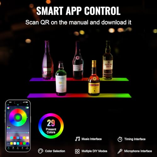 Image of VEVOR LED Lighted Liquor Bottle Display, 2 Tiers 30 Inches, Supports USB, Illuminated Home Bar Shelf with RF Remote & App Control 7 Static Colors 1-4 H Timing, Acrylic Lighted Shelf for 16 Bottles
