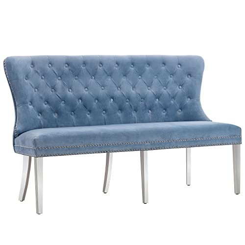 Udax Velvet Bench With Back, Upholstered Armless Couch Settee With Button Tufted Backrest Nailhead Around, Light Blue #TOP29