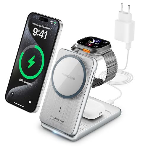 Tigratigro Caricatore Wireless Stazione, magnetico pieghevole 3 in 1 con MagSafe, Ricarica Rapid da 15W Caricabatterie per Apple iPhone serie 16/15/14/13/12, Apple Watch ed AirPods (Argento, W93)