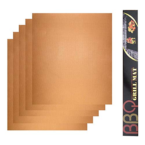 MTB Grill Mat,5 Pack, Size 13 Inch x16 Inch, Copper Color, Reusable and Easy to Clean, Works on Gas, Charcoal, Electric Grill and More