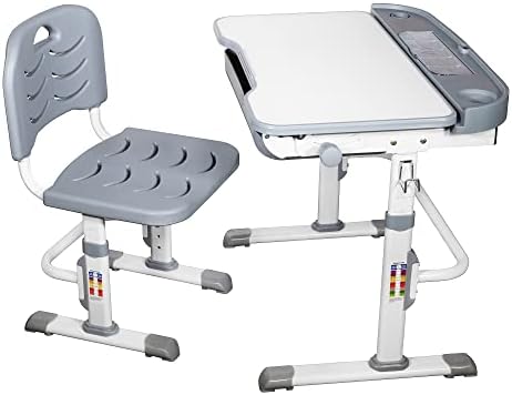 Interior Elements Children's Adjustable Desk Set, Chair and Desk for Kids, Plastic, Grey and White