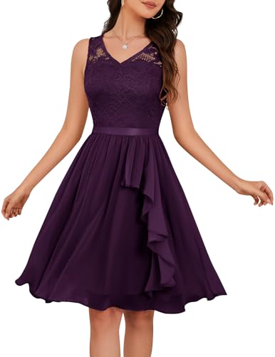 Meetjen Short Prom Dress for Teens Chiffon Semi Formal Wedding Guest Party Sleeveless Swing Knee Length V Neck Lace Cocktail Dresses Grape S