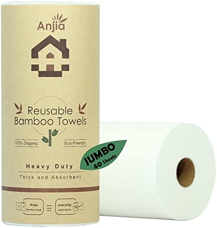 Anjia® Jumbo Roll 40 Sheets/Roll Heavy Duty Reusable Bamboo Towels Great as Kitchen Towels, Dish Towels, Cleaning Rags, Shop Towels, and Swedish Dishcloths - Replacement of Paper Towels Bulk