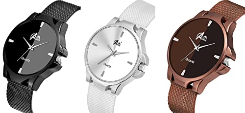 Image of Acnos Polyurethane Premium Brand - A Branded 3 Colors Black Brown And White Analog Super Quality Stylish Belt Watches For Men /Stylish Watches For Boys Pack Of 3, Multi-Color Dial, Multi-Color Band