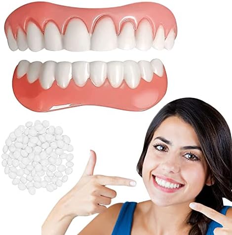 Fake Teeth -Top and Bottom veneers for Cosmetic Teeth, Protect Your Teeth and Refresh Your Smile from The Comfort of Your Home，Protect Your Teeth and Regain Confident Smile, Natural Shade 2 PCS
