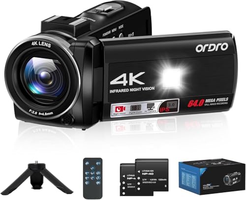ORDRO 4K Video Camera Camcorder Vlogging Camera with 18X Digital Zoom, 64MP Camera 3.0 Inch Screen LED Fill Light, IR Night Vision Camera for YouTube with 32g Card & Tripod