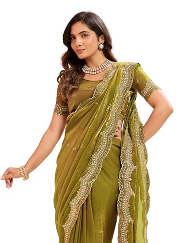 Image of Embellished Embroidered Pure Chiffon Heavy Work Saree