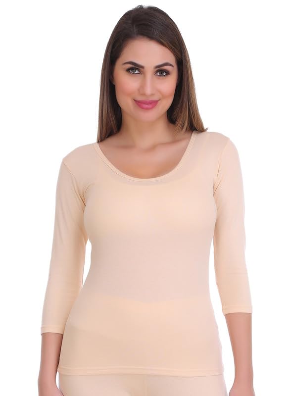 Women Solid Polycotton Round Neck 3/4 Sleeve Innerwear Thermal Top