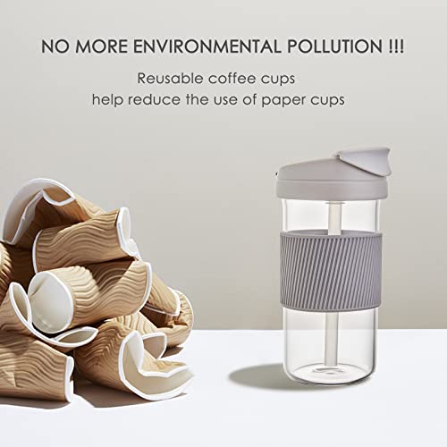Comi Glass Travel Coffee Tumbler, Smoothie Cup Travel Dual-Use Glass Coffee Cups With Lids Coffee Travel Cup With Straw - 15 Oz - Grey #TOP4