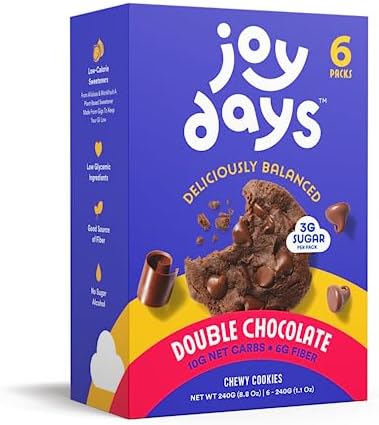 Joydays Soft-Baked, Low Sugar Double Chocolate, 6-Pack - 10g Net Carbs, 6g Fiber & 3g Sugar | Good Source of Fiber, Low Glycemic Ingredients, No Sugar Alcohols (12 Cookies)