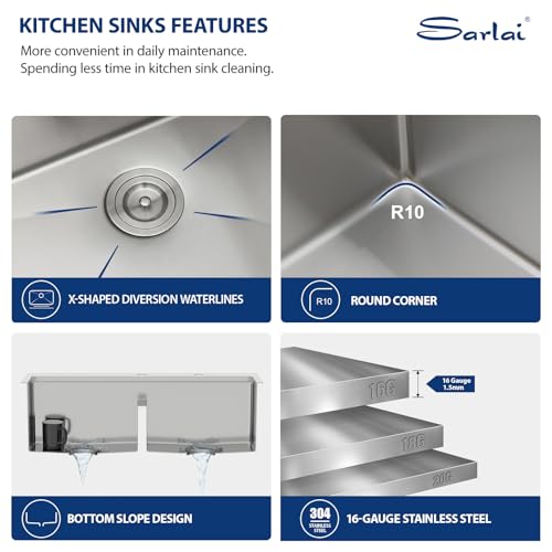 Sarlai 33 Inch Drop In Kitchen Sink Double Bowl - 33x22 Inch Drop Sink Workstation Ledge Topmount 16 Gauge Stainless Steel Low Divide 50/50 Double Basin by Sarlai - Image 5
