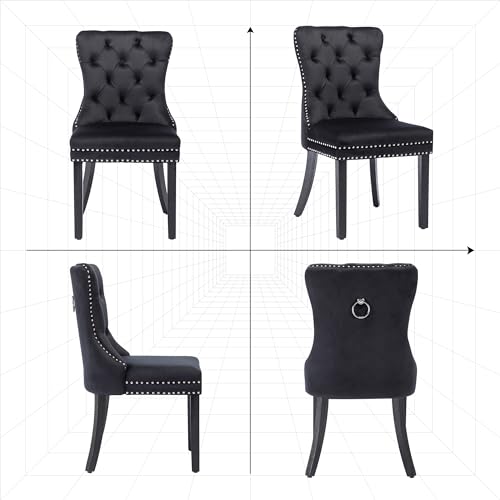 GOOLON Dining Room Chairs Set of 2, Velvet Wingback Tufted Chairs with Nailhead Rivet Trim, Pull Ring on Backrest Wood Legs for Kitchen Dining Room Restaurant, Black