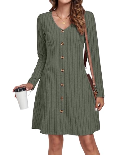 AUSELILY Herbstkleid Damen Strickkleid Dekorative KnöPfe Leichte Langarm Kleid Herbst Winter V-Ausschnitt A Linien Pulloverkleid Winterkleid Elegant...