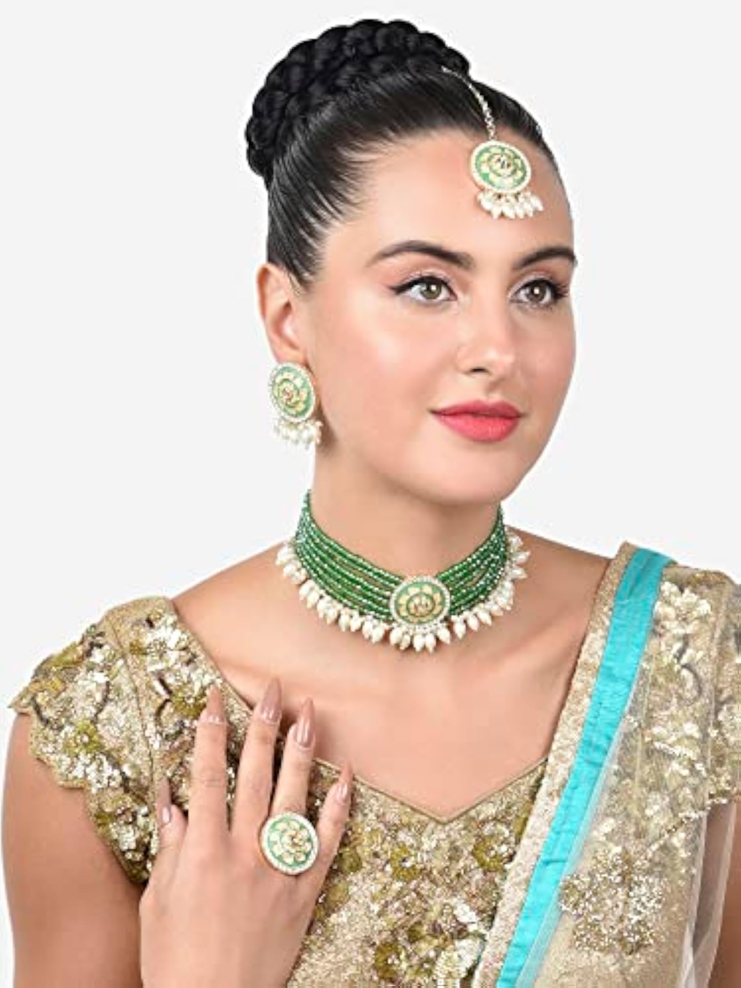 Meenakari Multistrand Necklace Earring Ring Set-ZPFK15223