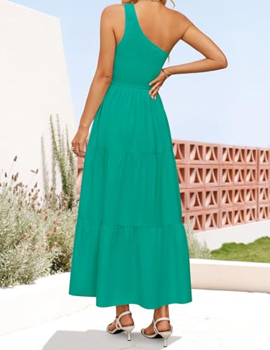 Image of ZESICA Women's 2026 Bohemian Summer Floral Print One Shoulder Sleeveless Smocked Ruffle Tiered Beach Long Midi Dress