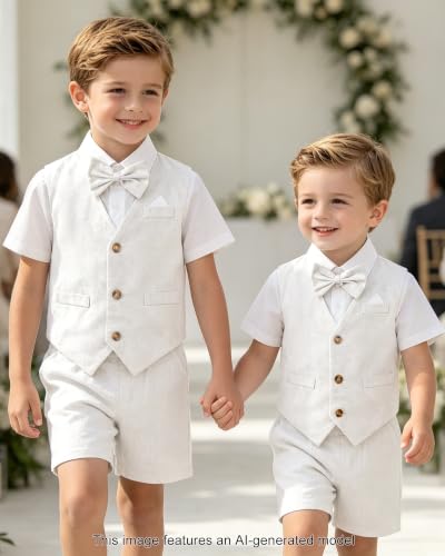 Image of SANGTREE Baby Boy Suit Wedding Ring Bearer Outfits Vest Short Sleeve Bowtie Shirt Suspender Summer Gentleman Shorts Sets