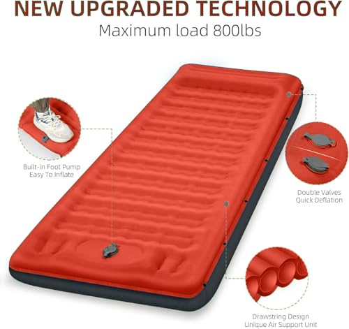 Image of FNARMW Camping Sleeping Pad, Extra Thick 5 Inch Camping Mat with Pillow Built-in Foot Pump Inflatable Sleeping Pads Compact for Camping Backpacking Hiking Traveling Tent(Orange-Black)
