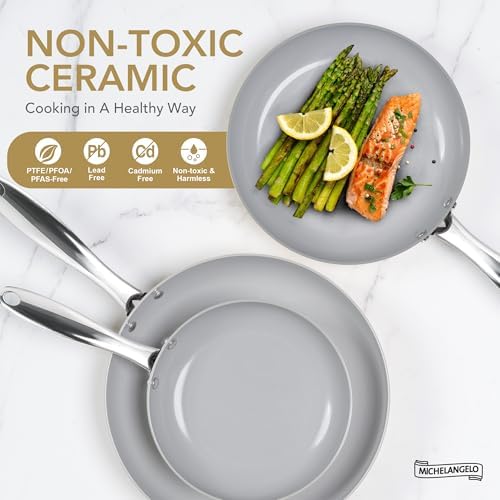 MICHELANGELO Non Stick Frying Pans - 10 Inch Frying Pan Nonstick with Lid, Nonstick Skillet with Lid, Non Toxic Frying Pan, Ceramic-Coated, Beige - Thumbnail 5