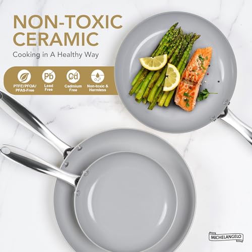 MICHELANGELO 20cm Ceramic Frying Pan, Non Stick Fry Pan with Lid, Small Skillet Nonstick, Non Toxic Frying Pan, Ceramic-Coated, Beige - Image 3