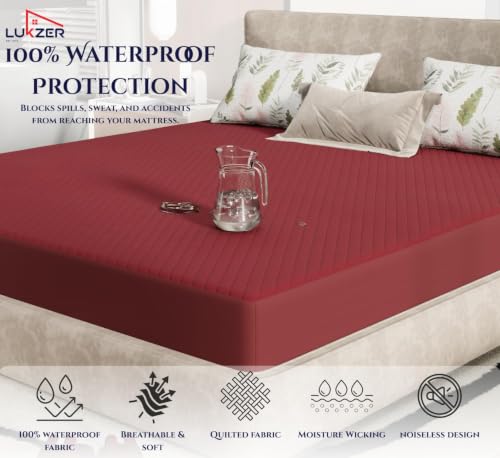 Image of Lukzer 100% Waterproof Quilted Mattress Protector Maroon Queen Size 72 x 60 Inches (6 x 5 ft) Cotton-Feel Bed Protector Soft Noiseless Hypoallergenic Breathable Elastic Fitted Mattress Cover /Bed Cover