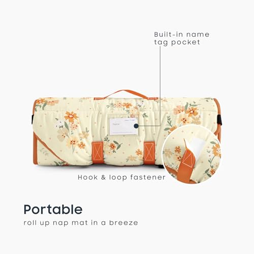 Image of Wake In Cloud - Cot Nap Mat with Pillow and Blanket, 100% Cotton Fabric, for Toddler Kids Girls Ages 3 Plus in Daycare Kindergarten Preschool with Elastic Corner Straps, Floral Flowers