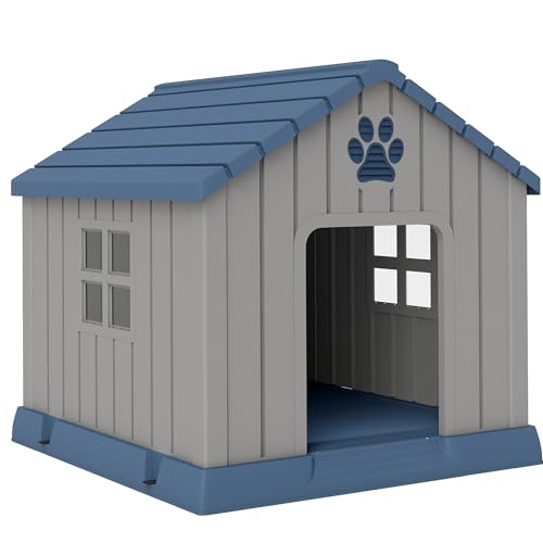 PawHut Cuccia per Cani in Plastica da Esterno Impermeabile, Casetta per Cani Taglia Media con Base Rialzato, Finestre e Tetto per Giardino, Patio, Terrazza, Casa e Interno, 85x79x82 cm, Grigio