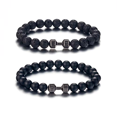 Softones Black Charm Dumbbell Bracelets for Men Women Natural Stone Dumbbell Beads Bracelets Set Gifts