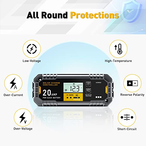Lnex 20A Waterproof Solar Charge Controller With Anderson Connectors, 12V/24V Pwm Solar Controller With Lcd Display For Lifepo4,Agm, Gel, Flooded And Lithium Battery #TOP6