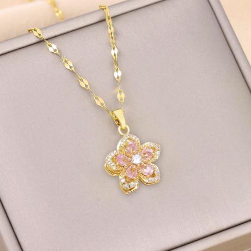 Image of Zibuyu Dainty Flower Chains for Women Stylish Rotatable Blossom Pendant | Necklace for Women, Stainless Steel Adjustable Golden Redbud Flower Choker Jewelry Gift